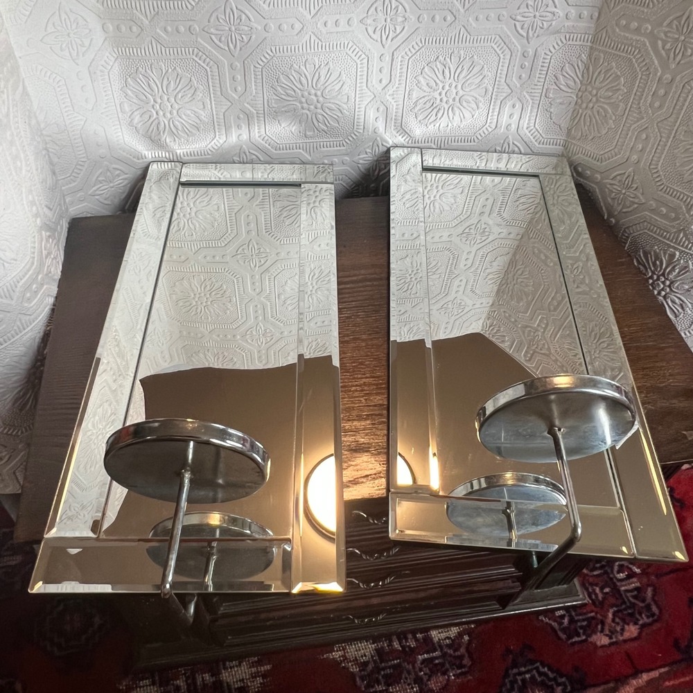 Vintage Mirrored Wall Sconce Pair Beveled Glass Candle Holder Glam Decor Set 2